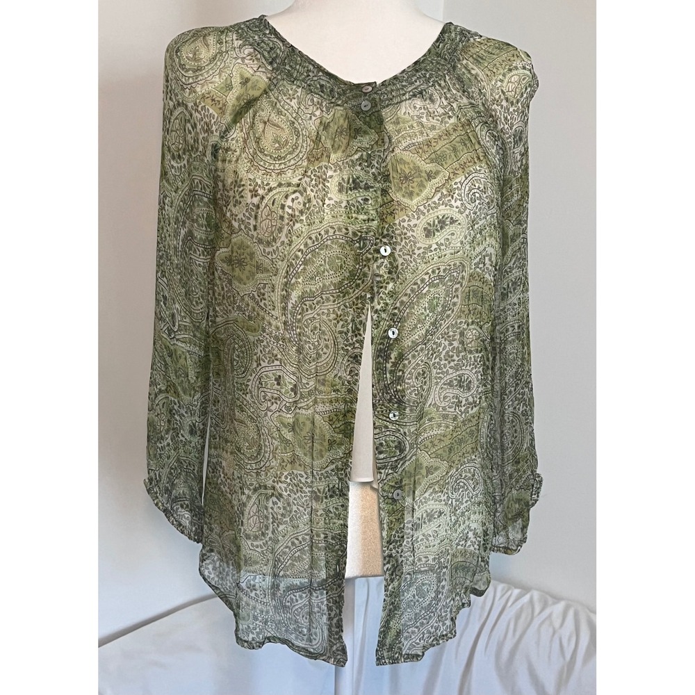 Sundance Silk Paisley Button Down Blouse Womens Small Green Boho Sheer Top